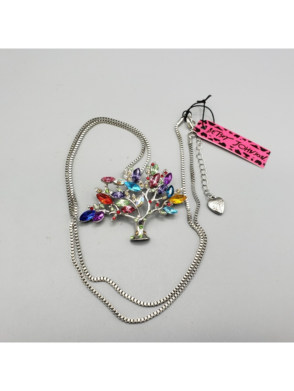 NWT Betsey Johnson Tree of Life Pendant Brooch Necklace Silver Rhinestones